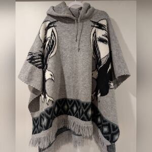 Gray Hooded Poncho with Bird Design
